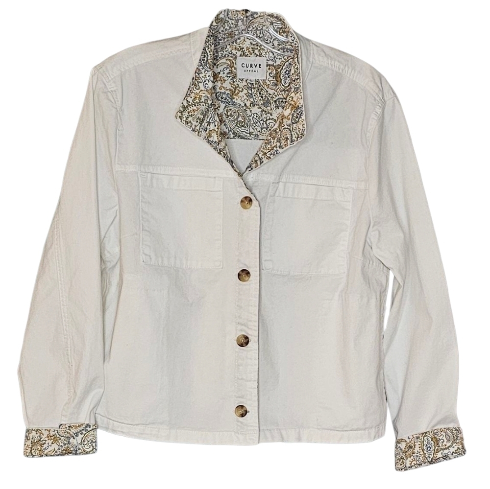 Ivory Cotton Cropped Coastal Chore Jacket w Pockets and Paisley Lining Large